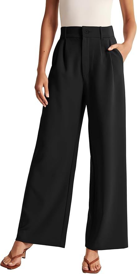 Black wide-leg culotte pants shown from multiple angles on white background.