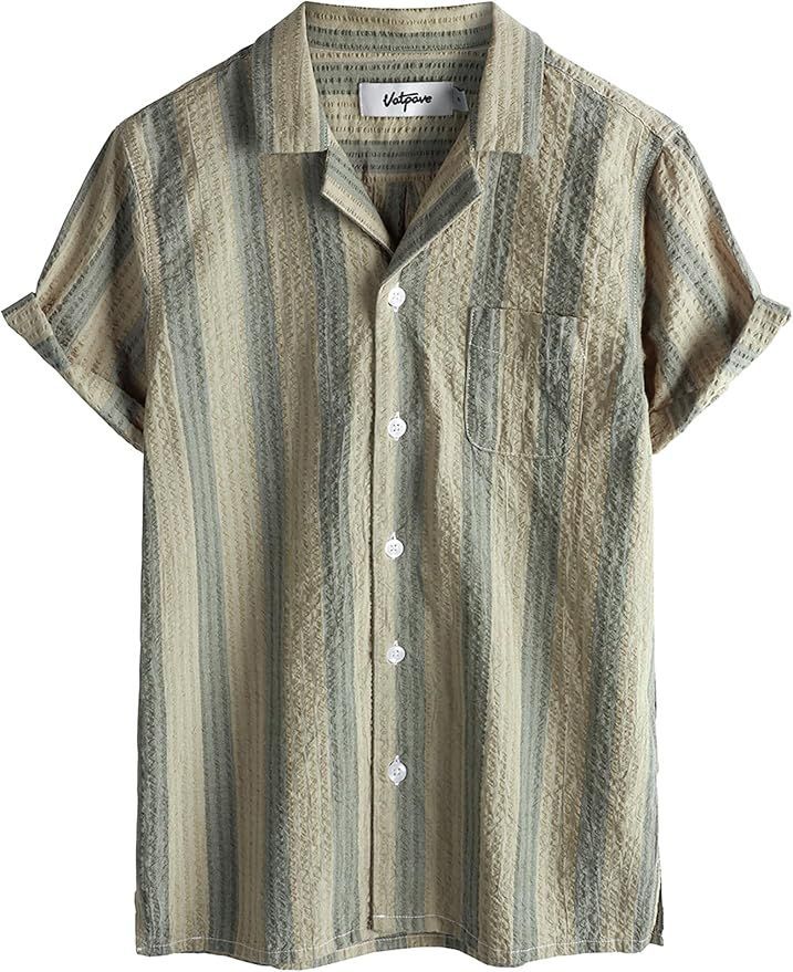 Textured striped camp collar shirt in muted sage green tones.