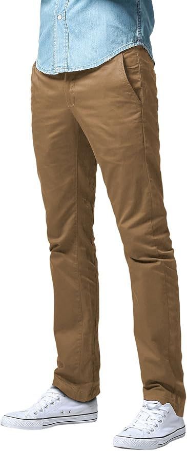 Men's khaki chino pants with white sneakers shown from ankle view on a white background.