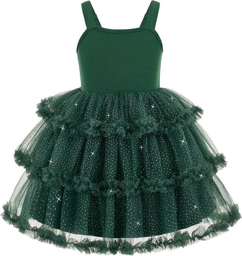 Dark green tulle party dress with sparkly tiered skirt and fitted bodice.