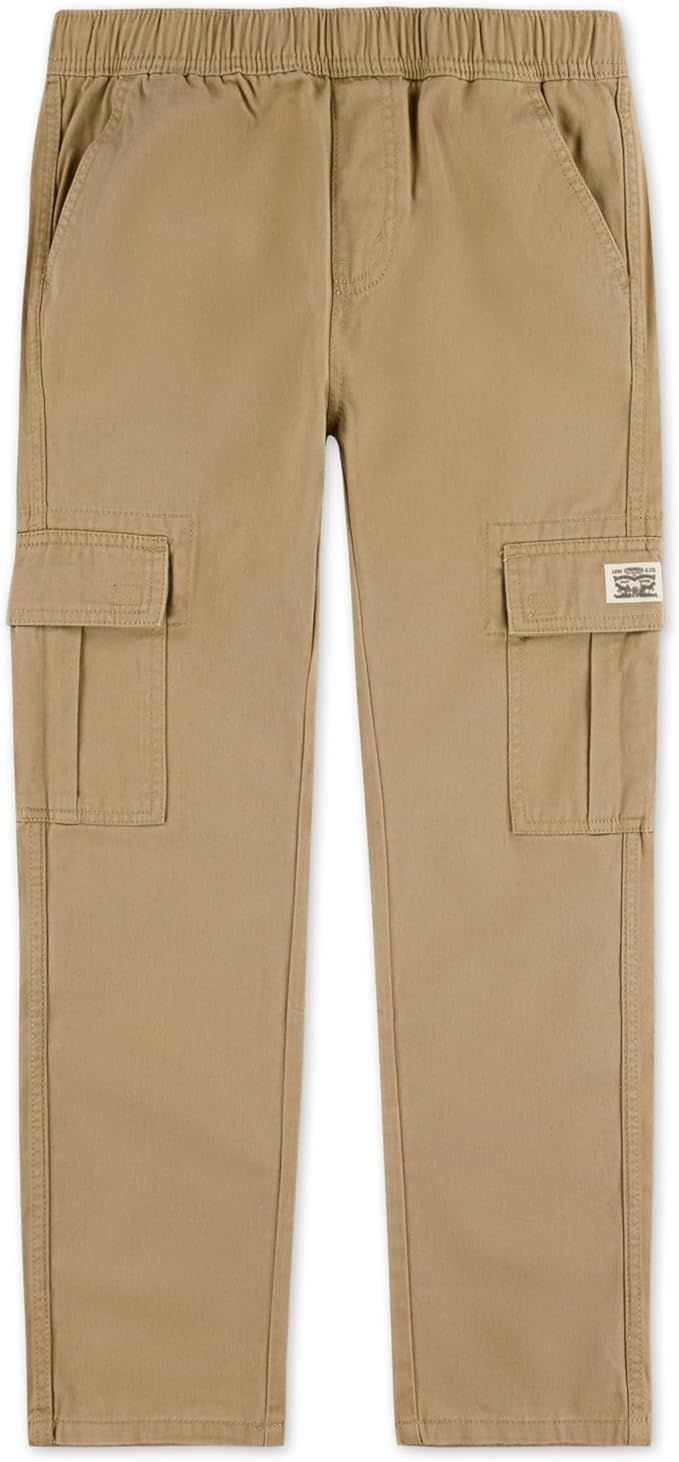 Khaki cargo pants with elastic waistband and side utility pockets.