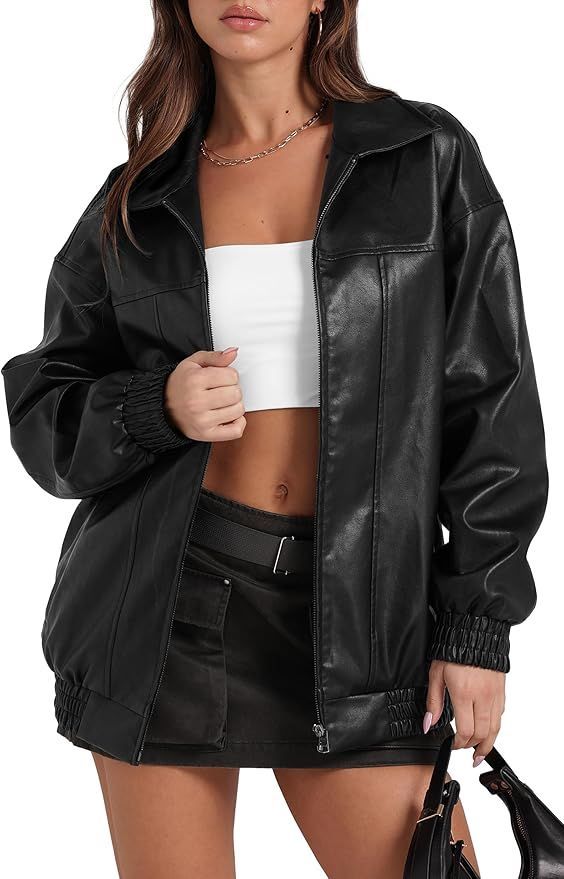 Black faux leather bomber jacket shown with cropped styling from multiple views.