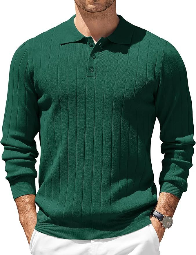 Men's green ribbed polo sweater displayed in multiple views.