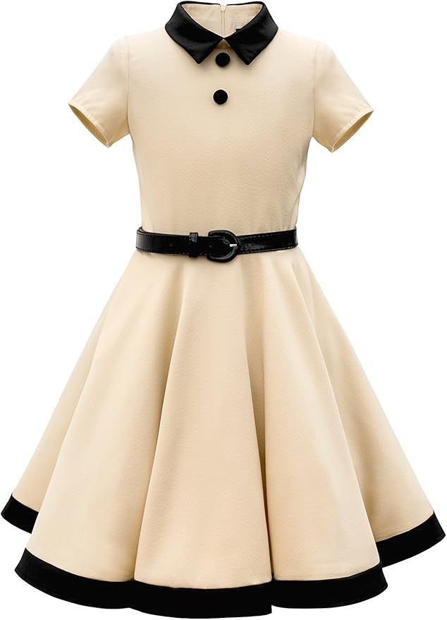 Vintage-style cream dress with black collar, belt and trim in a classic 1950s silhouette.