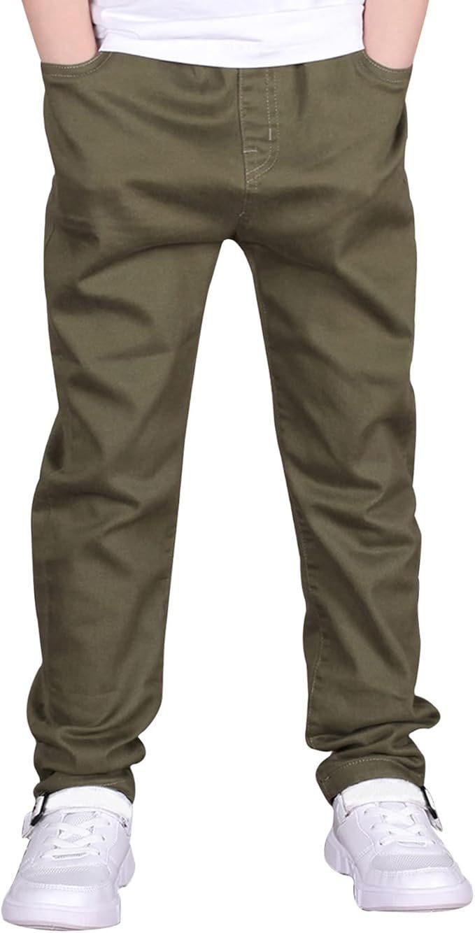 Olive green casual pants shown with white sneakers from multiple angles.