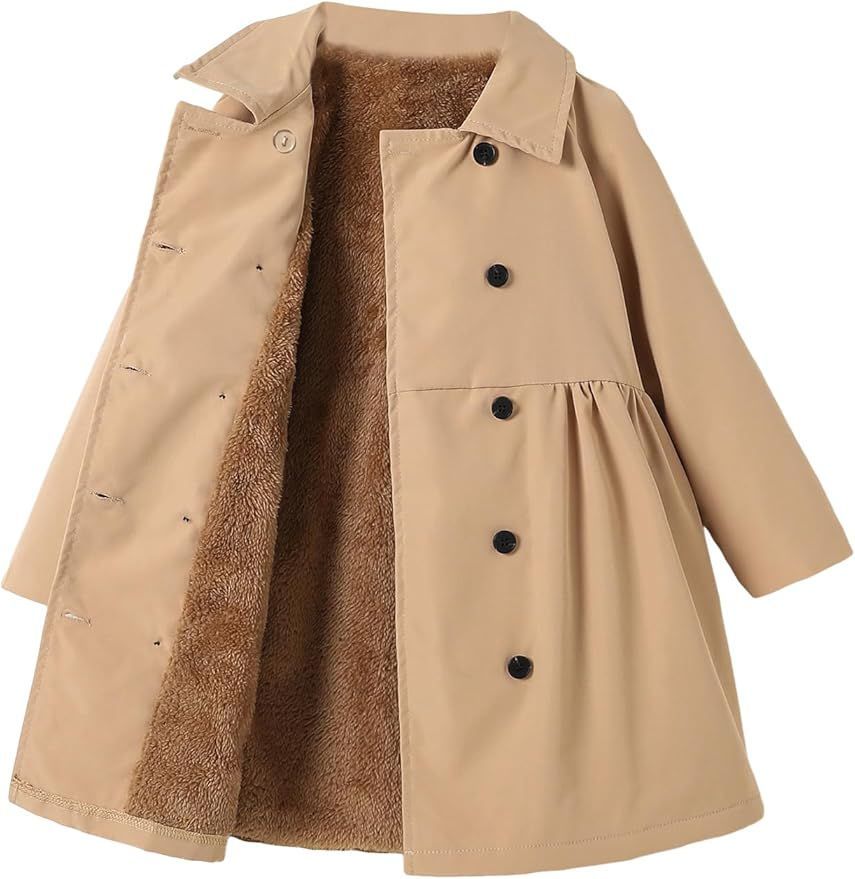Beige children's coat with brown fleece lining and button front closure.