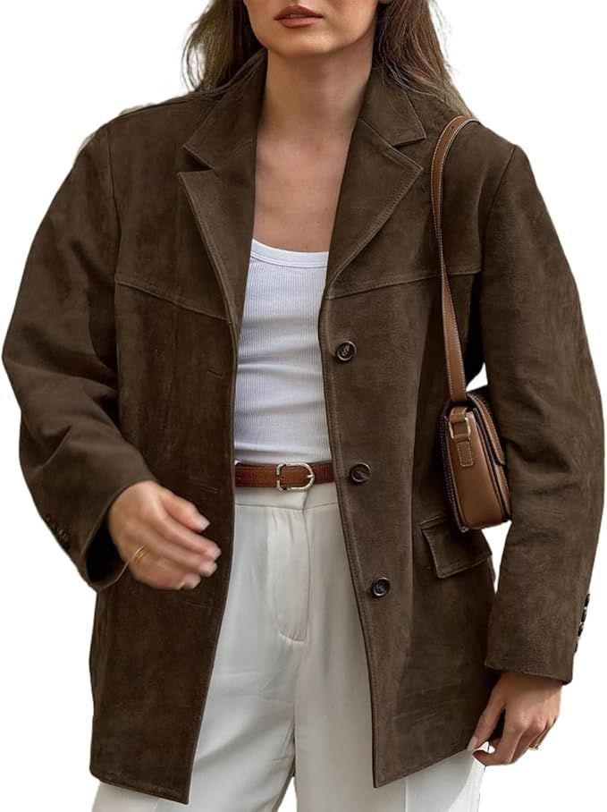 Brown suede oversized blazer jacket with button front closure.