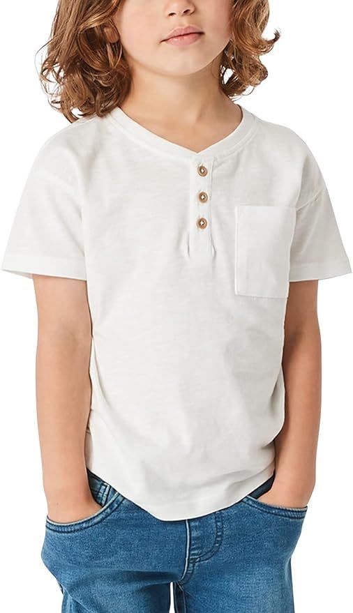 Child wearing white henley t-shirt and jeans shown from chest down in multiple poses.