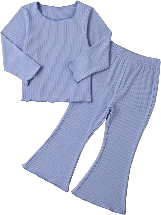 Light blue ribbed loungewear set with long sleeves shown from various angles.