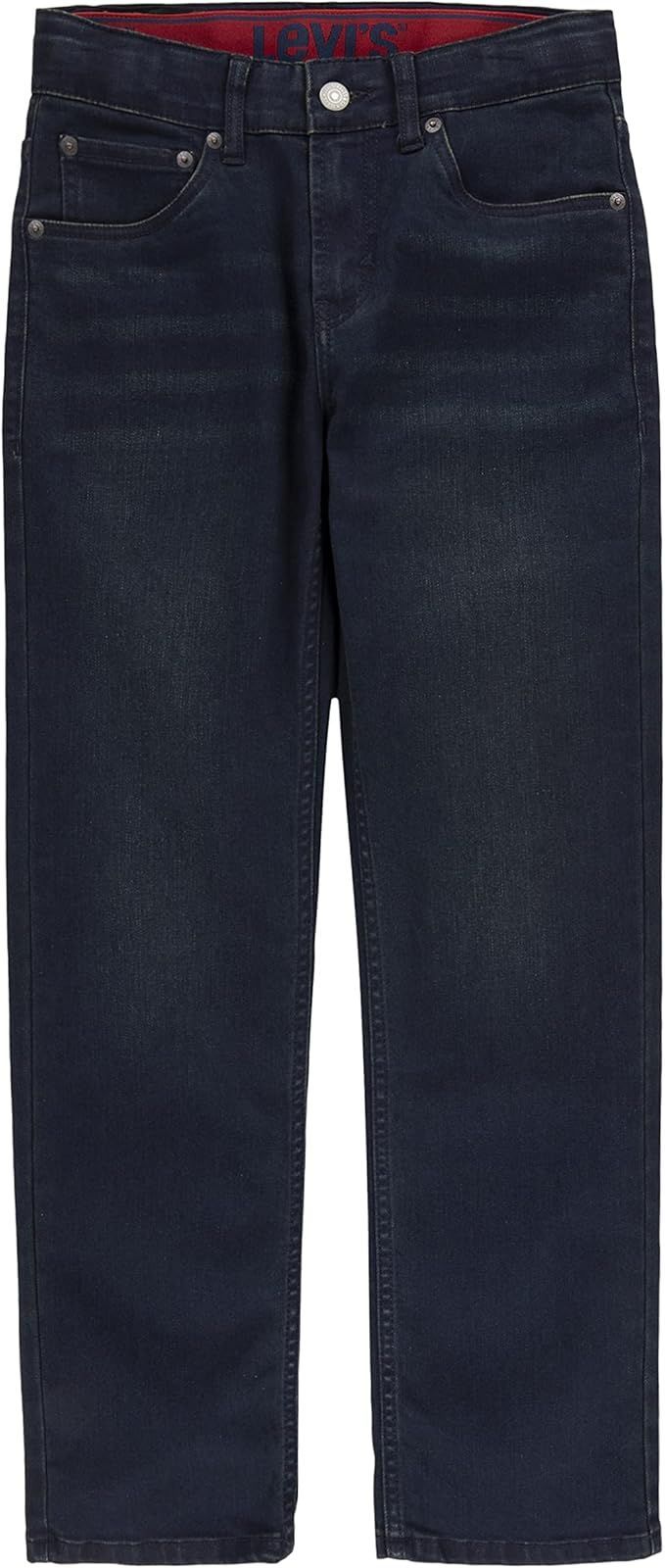 Dark wash straight-leg boys' jeans with traditional 5-pocket styling.