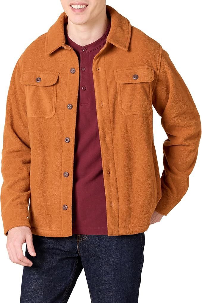 Casual brown button-up jacket with collared neck and chest pockets worn over burgundy shirt.