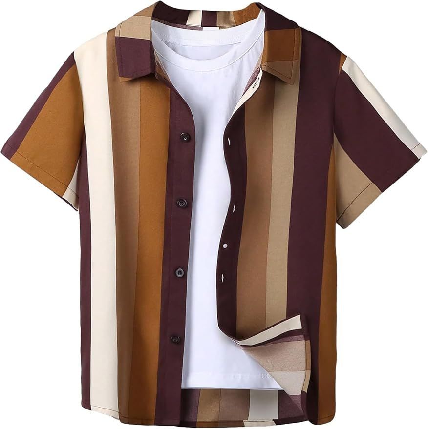 Retro striped short-sleeve button-up shirt in brown and beige tones.