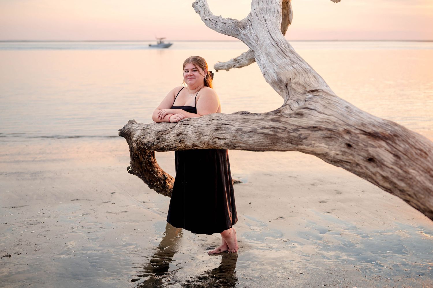 A woman in a long black dress stands by driftwood on a beach during sunset with a ship visible on the horizon.