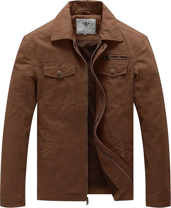 Brown canvas utility jacket with chest pockets and zip front closure.