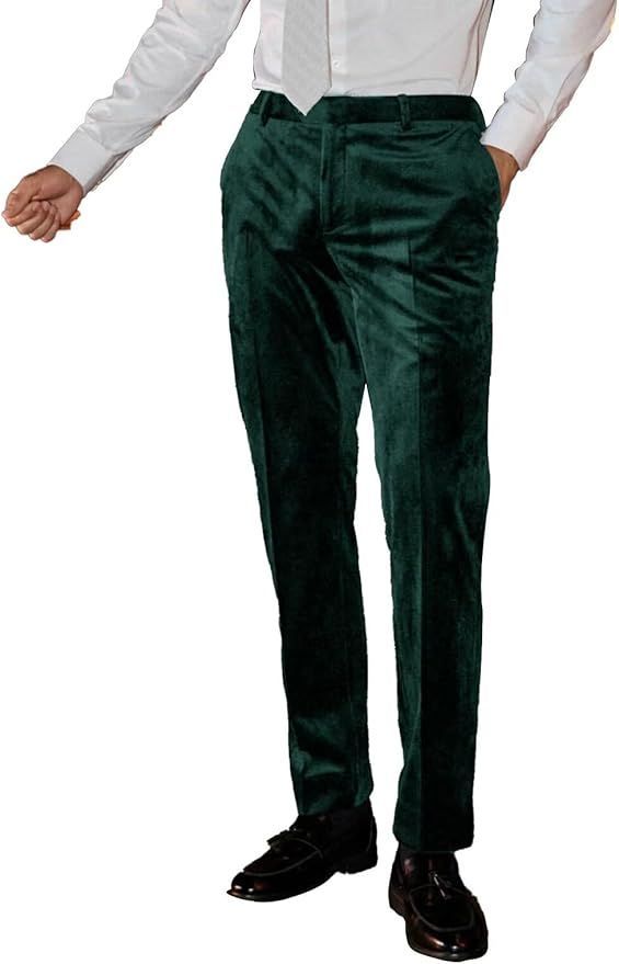 Dark green velvet dress pants with straight leg fit and classic tailored design.