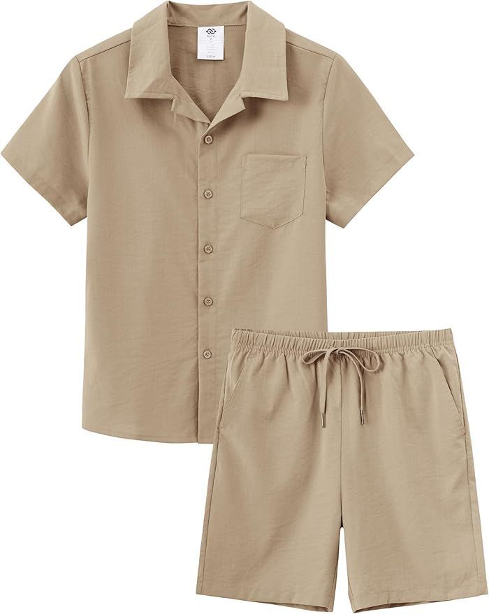 Beige short sleeve button-up shirt and matching elastic waist shorts set in casual summer style.
