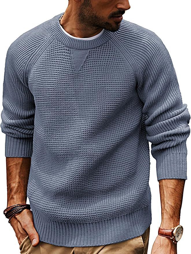 Men's gray waffle knit sweater shown from multiple angles with ribbed collar and cuffs.
