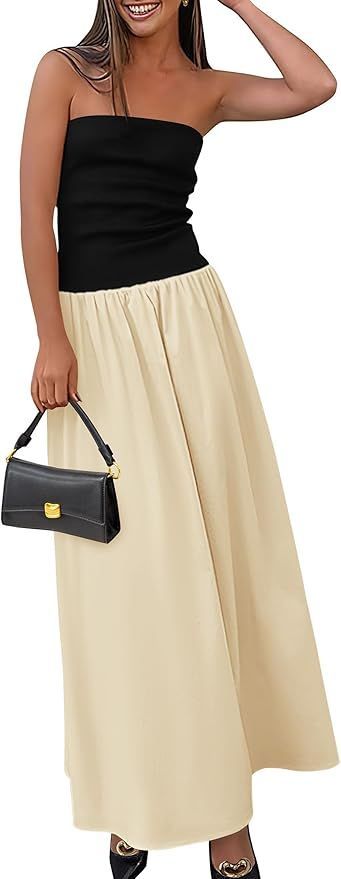 Midi skirt outfit featuring black top and cream skirt with black handbag accessory.