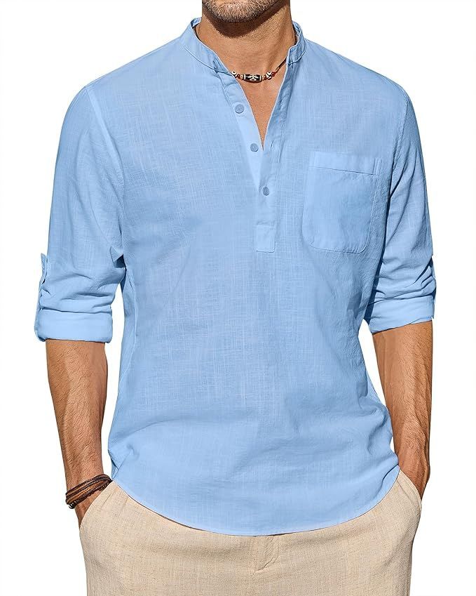 Light blue henley shirt with mandarin collar and rolled sleeves in casual linen fabric.