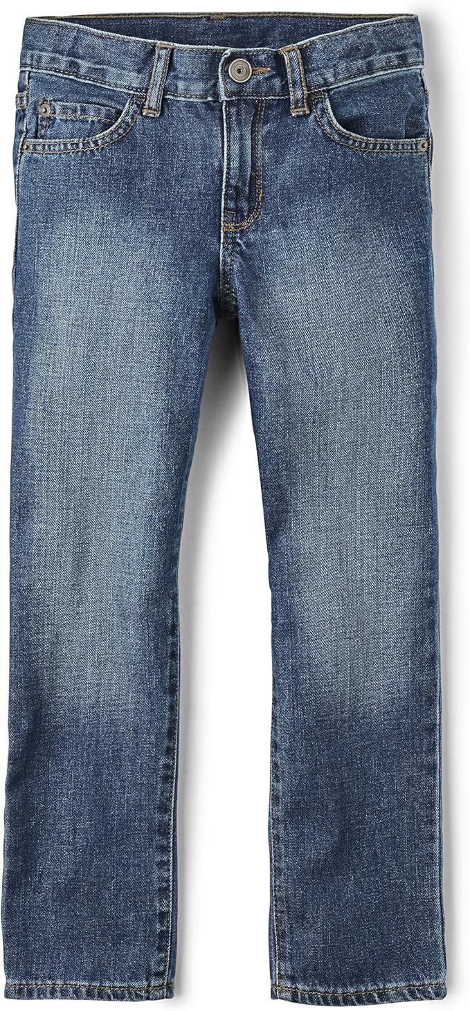 Classic straight leg children's jeans in medium wash denim with traditional 5-pocket styling.