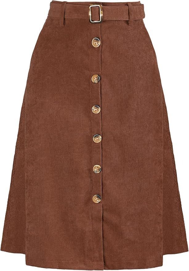 Brown corduroy A-line midi skirt with button front and belt detail.