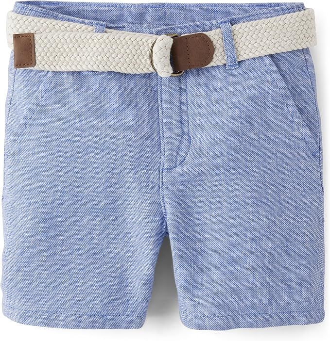 Light blue chambray shorts with woven belt shown in multiple angles.