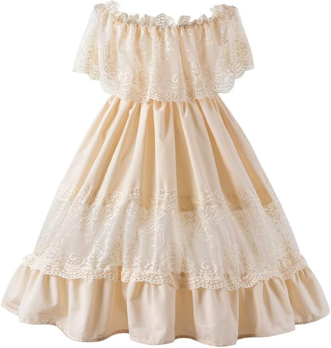 Cream-colored off-shoulder dress with lace trim and tiered ruffle skirt.