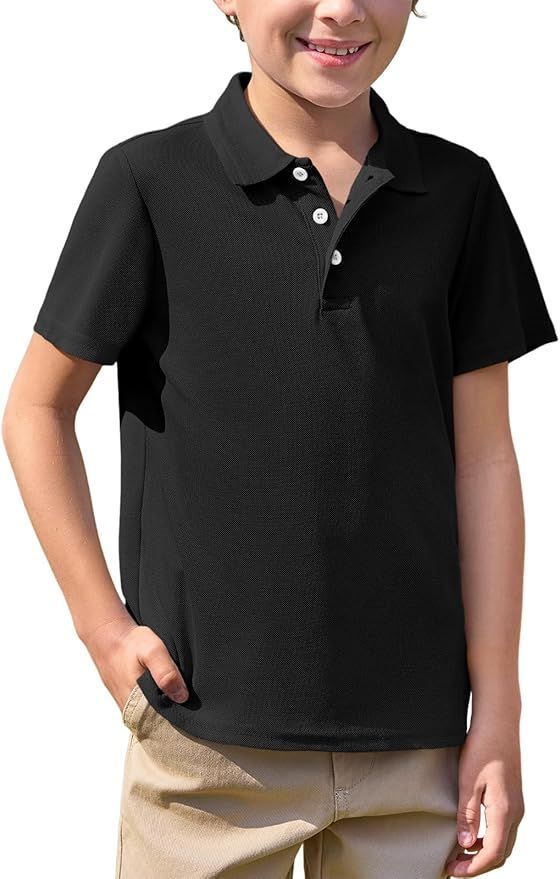 Black polo shirt with white buttons and short sleeves for children.