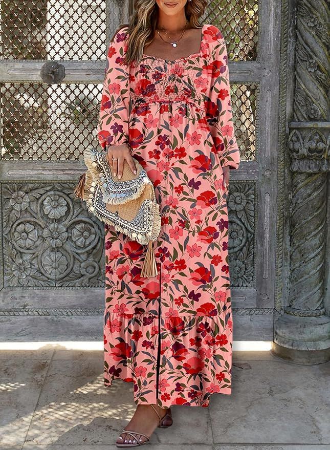 Floral print maxi dress with red and pink blooms shown in multiple angles.