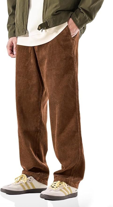 Relaxed fit brown corduroy pants with straight leg design.