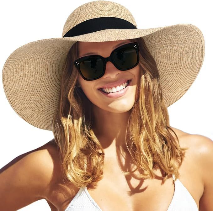 Wide-brim straw sun hat with black band shown from different angles.