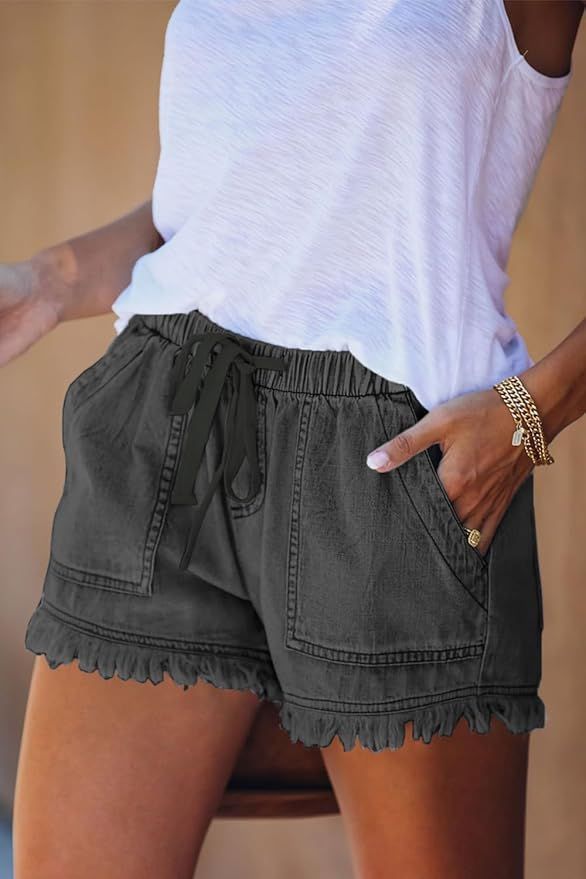 Charcoal gray elastic waist shorts with frayed hem and utility pockets.