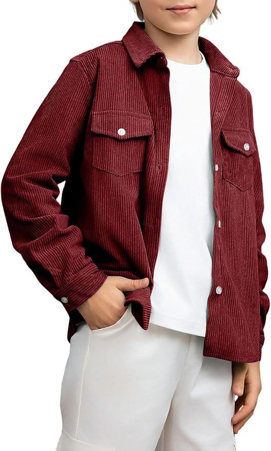 Burgundy corduroy jacket for children shown in multiple cropped views.
