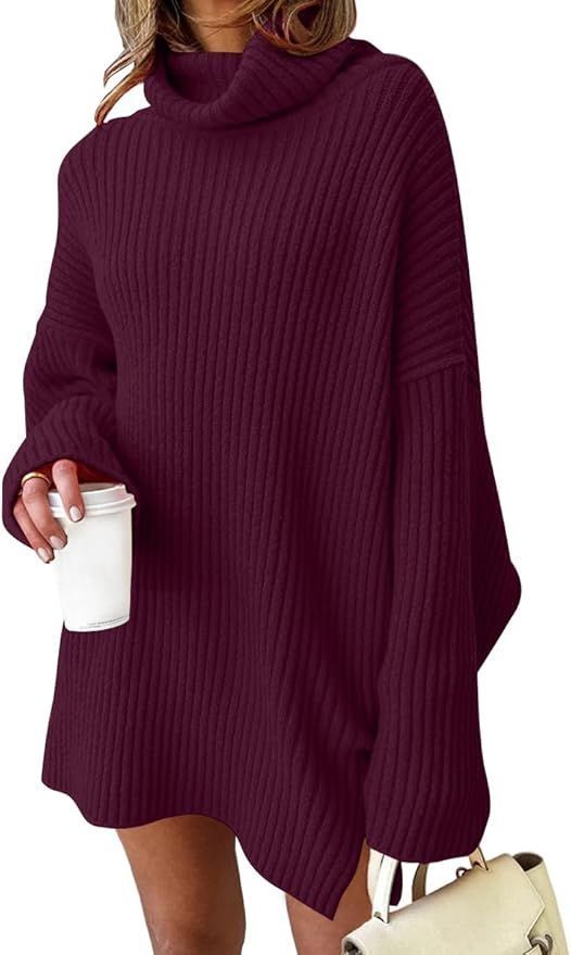 Oversized burgundy turtleneck sweater dress with ribbed knit texture.