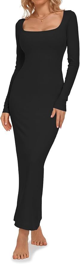 Sleek black long sleeve bodycon dress with square neckline and ankle length silhouette.