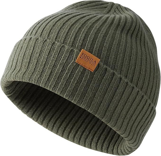 Olive green ribbed knit beanie with brown leather patch detail.