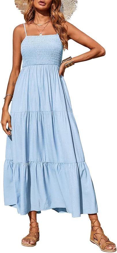 Light blue smocked bodice maxi dress with tiered skirt and spaghetti straps.