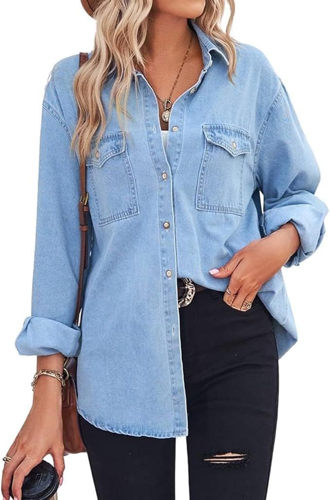 Light blue denim button-up shirt with chest pockets paired with distressed black jeans.