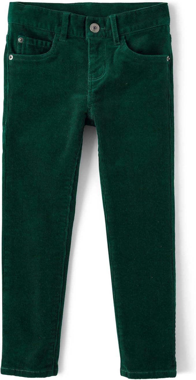 Green corduroy pants for children shown in multiple angles.