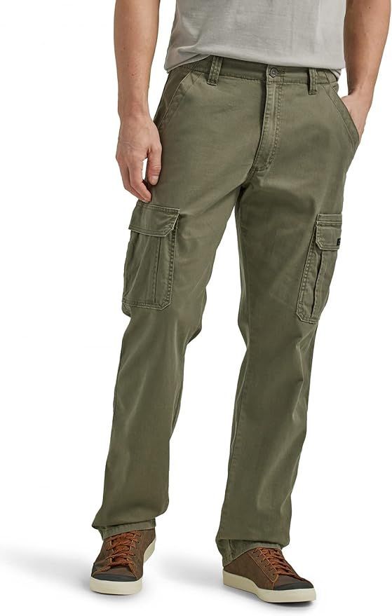 Olive green cargo pants with side pockets and straight leg fit.