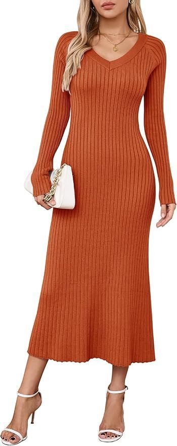 Rust colored ribbed knit sweater dress shown in multiple product views.