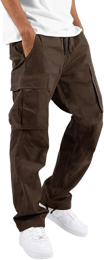 Brown cargo pants with multiple side pockets and relaxed fit, paired with white sneakers.