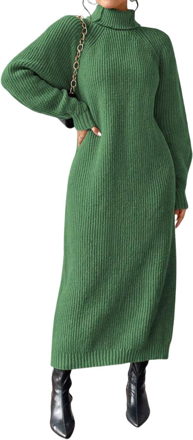 Emerald green turtleneck sweater dress with chain detail and fitted silhouette.