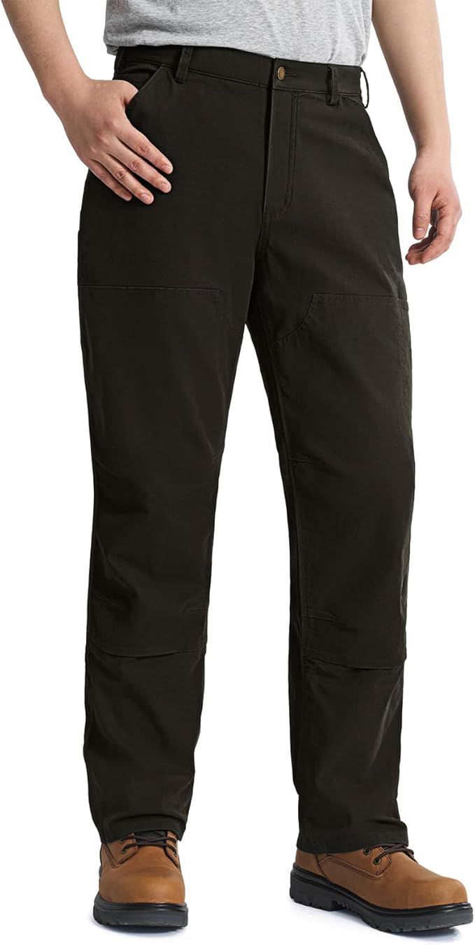 Dark brown heavy-duty work pants with reinforced knee panels and utility pockets.