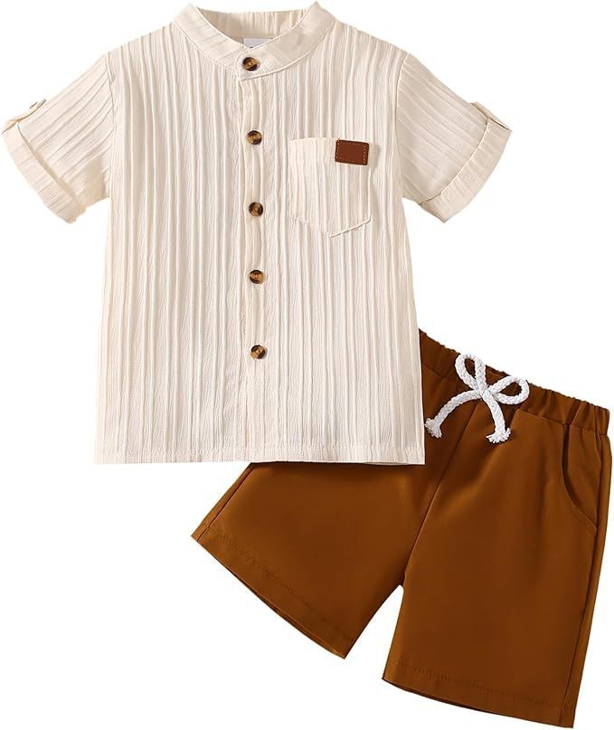 Children's two-piece outfit set featuring cream button-up shirt and brown shorts.