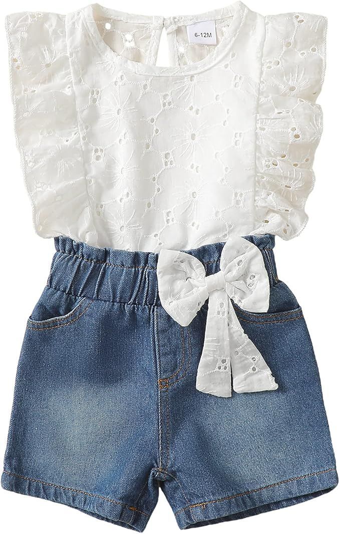 Girls white eyelet top and denim shorts set with bow detail shown in multiple views.