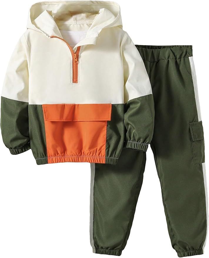 Children's colorblock windbreaker and cargo pants set in white, orange and olive green.