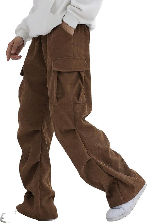 Brown corduroy cargo pants with wide leg design and side pockets.