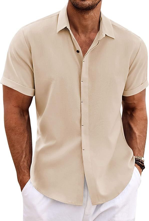 Men's short sleeve beige button-up shirt displayed in multiple cropped views.