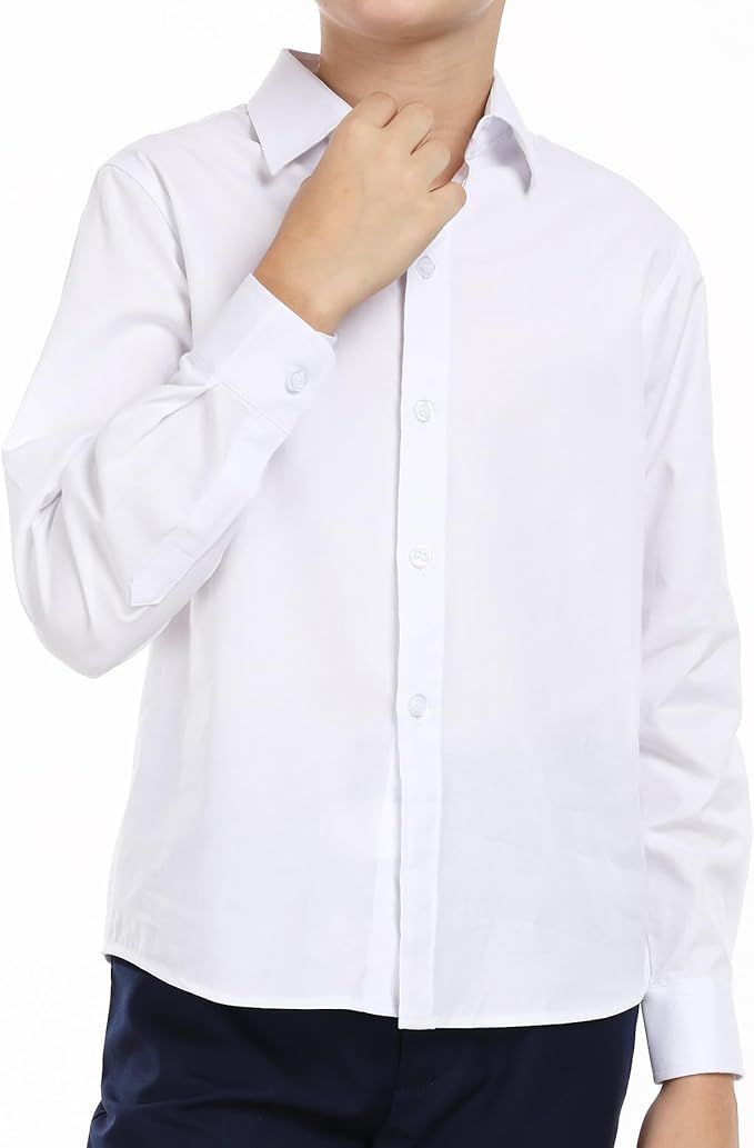 Crisp white button-down dress shirt with long sleeves and pointed collar.